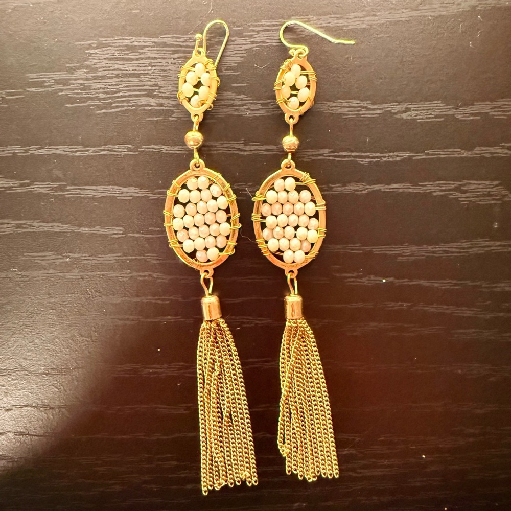 Elegant Gold and Cream Tassel Earrings